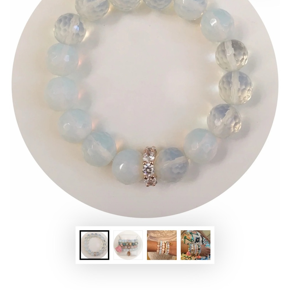 Opalite Beaded Stretch Bracelet with Crystal Accent - White / Light Blue